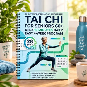 May include: A spiral-bound book titled 28-Day Transformation Challenge Tai Chi for Seniors 60+ Only 10 Minutes Daily Easy 4-Week Program. The cover features a person in a light blue jacket and dark leggings performing a Tai Chi pose.