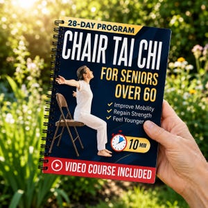 May include: A spiral-bound instructional book titled 28-Day Program Chair Tai Chi for Seniors Over 60. The cover features a person in white clothing sitting on a brown folding chair, a clock icon with 10 MIN text, and Video Course Included.
