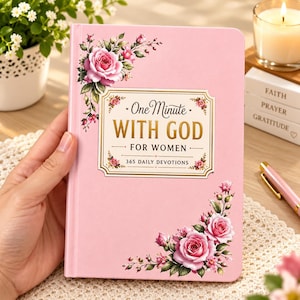 May include: A pink hardcover book titled One Minute WITH GOD FOR WOMEN 365 DAILY DEVOTIONS. The cover features floral illustrations of pink roses and green leaves in the top left and bottom right corners, with gold text on a white label.