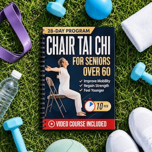 May include: A spiral-bound book titled 28-Day Program Chair Tai Chi for Seniors Over 60, featuring a person in white clothing sitting on a chair. The cover includes text about mobility, strength, and a 10-minute video course, surrounded by fitness gear.