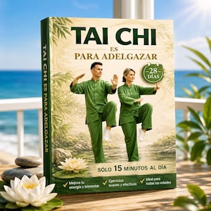 May include: A book titled TAI CHI ES PARA ADELGAZAR featuring two people in green outfits performing tai chi poses. The cover includes text stating 28 DÍAS, SÓLO 15 MINUTOS AL DÍA, and lists benefits like Mejora tu energía y bienestar, Ejercicios suaves y efectivos.