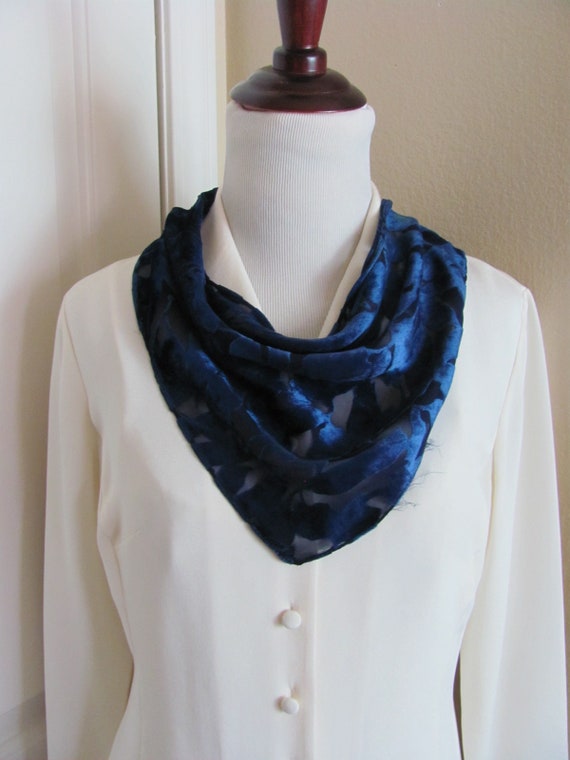 Triangle Shape Blue Flocked Soft Silky Scarf 14" … - image 1