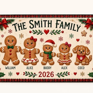 Könnte beinhalten: Eine rechteckige Fußmatte im Weihnachtsdesign mit dem Text THE SMITH FAMILY und 2026. Das Motiv zeigt fünf Lebkuchenfiguren mit den Namen William, Alice, Buddy, Alex und einem Hund namens Coco, umrahmt von roten Schleifen und Stechpalmen.