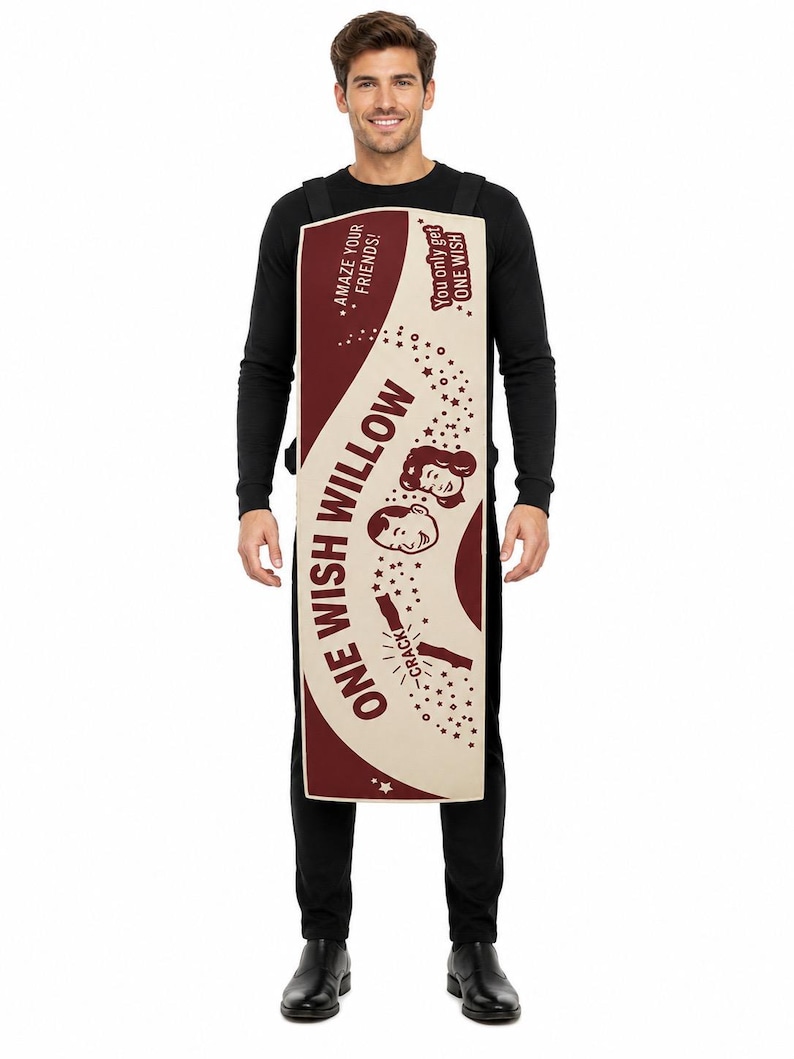 K&ouml;nnte beinhalten: Ein rechteckiges Kost&uuml;mschild in Creme und Kastanienbraun mit dem Text ONE WISH WILLOW, AMAZE YOUR FRIENDS! und You only get ONE WISH. Das Design enth&auml;lt Illustrationen von zwei Gesichtern und einem W&uuml;nscheknochen mit dem Wort CRACK.