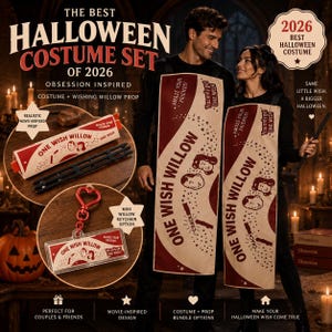 May include: A Halloween costume set featuring two long, rectangular tabards with the text ONE WISH WILLOW, cartoon faces, and the phrase You only get ONE WISH. The set includes a matching prop box, a black plastic frame, and a mini keychain version.