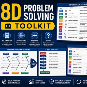 Pode incluir: Um kit de ferramentas digital de resolução de problemas 8D com um modelo, um guia de 90 prompts, um diagrama de espinha de peixe e uma análise de 5 porquês, incluindo uma tabela de rastreamento com passos de D0 a D8 em fundo azul.