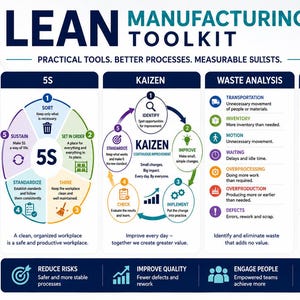 May include: A Lean Manufacturing Toolkit infographic by Omnipath Living Compass. It features sections on 5S, Kaizen, Waste Analysis, VSM, and Gemba with diagrams, icons, and text explaining process improvement, waste reduction, and workplace organization.