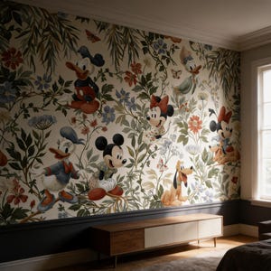 May include: Wallpaper featuring a botanical pattern with illustrations of Mickey Mouse, Minnie Mouse, Donald Duck, Daisy Duck, and Pluto amidst colorful flowers, green leaves, and butterflies on a cream background, covering a wall above a dark baseboard.