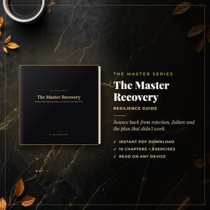 May include: A square black book titled The Master Recovery with gold lettering. The cover text reads The Master Series, The Master Recovery, Resilience After Rejection, Failure, and the Plan That Didn't Work, and By Ana Mermedossi.