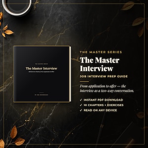 May include: A square black book titled The Master Interview with gold lettering. The cover text reads The Master Series, The Master Interview, Job Interview Mastery, From Application to Offer, and By Ana Mermedos. The book is displayed on a dark surface.