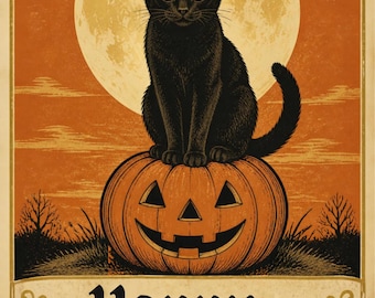May include: A rectangular poster featuring a black cat sitting on a carved orange jack-o'-lantern pumpkin against a large full moon and orange sky. The bottom section contains the text Happy HALLOWEEN in a black decorative serif font.