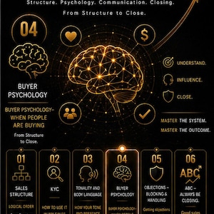 May include: A black infographic titled MASTER SALES THE COMPLETE SALES SYSTEM featuring a central glowing gold brain icon surrounded by six numbered pillars including Sales Structure, KYC, Tonality, Buyer Psychology, Objections, and ABC Always Be Closing.