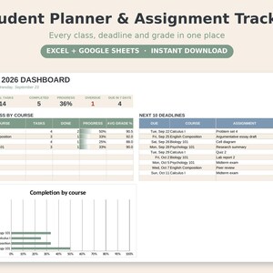 May include: A digital student planner and assignment tracker dashboard for Excel and Google Sheets. The interface displays a Fall 2026 dashboard with task progress, course grades, upcoming deadlines, and a completion bar chart for academic tracking.