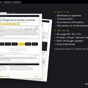 Op de afbeelding: Een digitale gids getiteld How Google Search handles JavaScript, bestaande uit een 28-pagina tellende PDF van 16,51 bij 22,86 cm. Het bevat 10 cases, 8 tools, een beslissingsboom en Google-updates voor 2025-26 voor ontwikkelaars en bureaus.