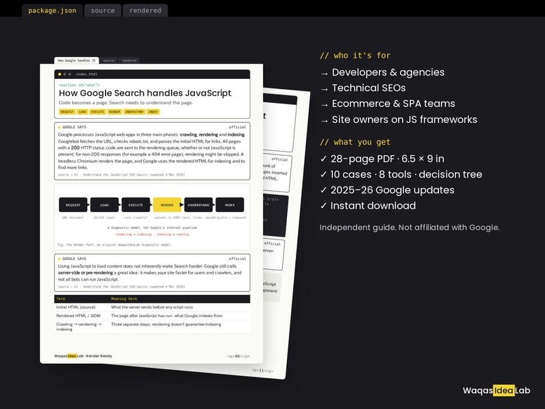 Op de afbeelding: Een digitale gids getiteld How Google Search handles JavaScript, bestaande uit een 28-pagina tellende PDF van 16,51 bij 22,86 cm. Het bevat 10 cases, 8 tools, een beslissingsboom en Google-updates voor 2025-26 voor ontwikkelaars en bureaus.