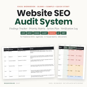 Puede incluir: Un libro de trabajo de Excel titulado Website SEO Audit System que incluye un rastreador de hallazgos, matriz de prioridades, plan de acción y registro de verificación. El documento muestra tablas con columnas para áreas de auditoría.