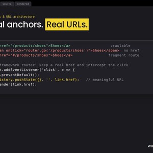 Op de afbeelding: Een donkergrijze educatieve afbeelding met de titel Real anchors. Real URLs. met codefragmenten voor HTML-links en JavaScript-eventlisteners. De tekst bevat voorbeelden van href-attributen, span-tags en history.pushState-functies voor webontwikkeling.