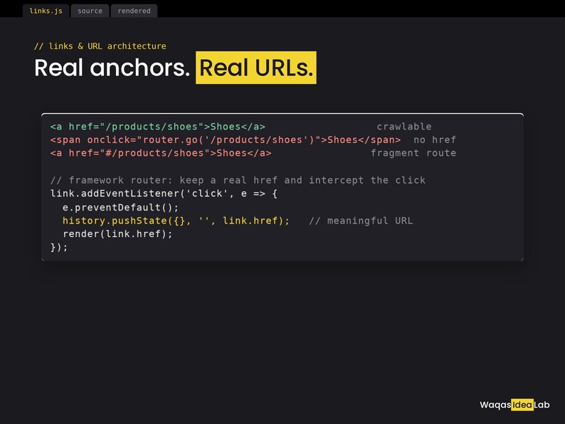 Op de afbeelding: Een donkergrijze educatieve afbeelding met de titel Real anchors. Real URLs. met codefragmenten voor HTML-links en JavaScript-eventlisteners. De tekst bevat voorbeelden van href-attributen, span-tags en history.pushState-functies voor webontwikkeling.