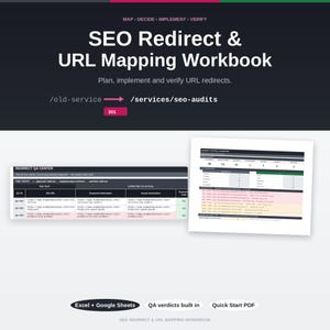 Peut inclure: Un classeur SEO Redirect & URL Mapping Workbook avec un en-tête sombre affichant MAP, DECIDE, IMPLEMENT, VERIFY et le titre. Il présente un tableau Redirect QA Center et un tableau de bord Redirect Control Dashboard.