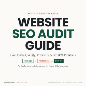 Könnte beinhalten: Ein 64-seitiger PDF-Leitfaden mit dem Titel Website SEO Audit Guide: How to Find, Verify, Prioritize & Fix SEO Problems. Das Cover zeigt ein Flussdiagramm mit den Feldern Findings, Priorities und Action sowie Text für Freelancer und Agenturen.