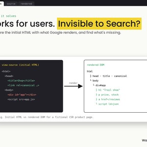 Op de afbeelding: Een infographic getiteld Works for users. Invisible to Search? die de initi&euml;le HTML-code in een donker vak vergelijkt met de gerenderde DOM in een wit vak. De tekst legt uit hoe je initi&euml;le HTML vergelijkt met Google-renders.