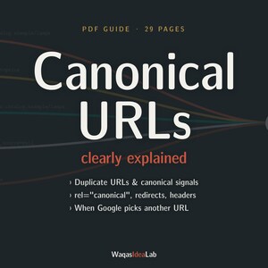 May include: A dark gray digital PDF guide cover titled Canonical URLs clearly explained. The graphic features thin, multicolored lines converging toward a central point on the right. Text includes PDF GUIDE 29 PAGES and WaqasIdeaLab.