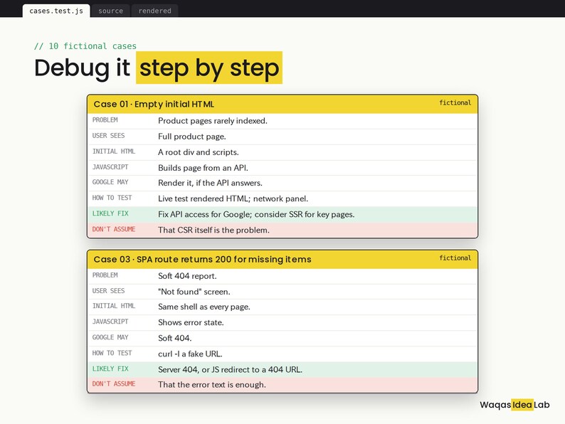 Op de afbeelding: Een technisch document getiteld Debug it step by step met twee fictieve cases. Case 01 behandelt lege initi&euml;le HTML met details over het probleem en de oplossing. Case 03 behandelt SPA-routes voor ontbrekende items met technische details.