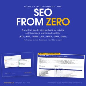 May include: A digital product bundle titled SEO FROM ZERO featuring an ebook and two Excel workbooks. The blue graphic displays the text PLAN, BUILD, OPTIMIZE, TEST, LAUNCH, VERIFY, GROW and includes a preview of a website launch system spreadsheet.