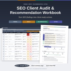 May include: An SEO Client Audit & Recommendation Workbook digital product featuring a spreadsheet with columns for Finding ID, Category, URL, Issue, Evidence, Severity, Business Impact, and Technical Impact, alongside a client summary page.