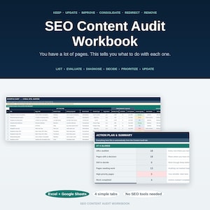 May include: An SEO Content Audit Workbook digital template featuring a dark blue header with white text. It includes a spreadsheet interface with columns for URLs, page titles, and performance metrics, plus an Action Plan and Summary table.