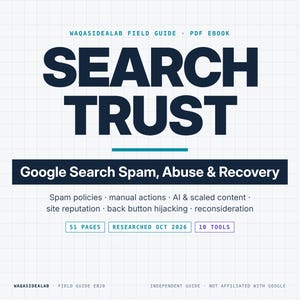 May include: A PDF ebook titled SEARCH TRUST: Google Search Spam, Abuse & Recovery by Waqasidealab. The cover features a grid background with text detailing spam policies, manual actions, AI content, and site reputation. Includes 51 pages.
