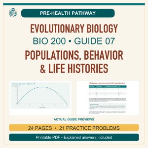 May include: A Pre-Health Pathway study guide titled Evolutionary Biology BIO 200 Guide 07 Populations, Behavior & Life Histories. It features a continuous logistic model graph, a life table, 24 pages, 21 practice problems, and a printable PDF.