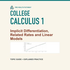Könnte beinhalten: Ein Studienführer mit dem Titel PRE HEALTH PATHWAY COLLEGE CALCULUS 1 und dem Text Implicit Differentiation, Related Rates and Linear Models. Er enthält ein Diagramm mit einer Funktion und einer Tangente bei x=4, beschriftet TOPIC GUIDE + EXPLAINED PRACTICE.