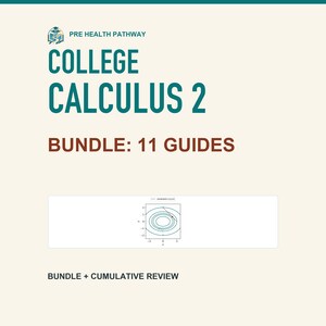 Op de afbeelding: Een digitaal educatief document getiteld Pre Health Pathway College Calculus 2 Bundle: 11 Guides. De tekst is in groenblauw en bruin op een crèmekleurige achtergrond. Het bevat een kleine grafiek met concentrische contourlijnen en een stippellijn.