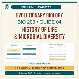 May include: A Pre-Health Pathway study guide for Evolutionary Biology BIO 200, Guide 04, titled History of Life & Microbial Diversity. It features two diagrams of bacterial cell walls and gene movement, 22 pages, 18 practice problems, and a printable PDF.