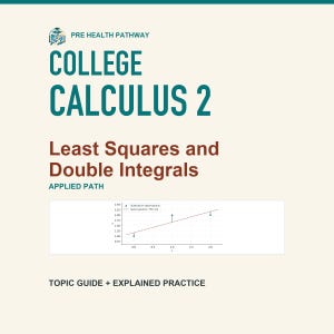 Op de afbeelding: Een educatief document van Pre Health Pathway getiteld College Calculus 2: Least Squares and Double Integrals, Applied Path. Het bevat een grafiek met illustratieve observaties en een kleinste-kwadratenlijn, met de tekst Topic Guide + Explained Practice.