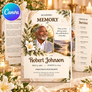 Può includere: Un libretto per il programma funebre con un ritratto di Robert Johnson, le date 15 maggio 1960 - 20 agosto 2024 e il testo In Loving Memory of. Il design include gigli bianchi, fogliame verde, accenti dorati e un'immagine paesaggistica di un lago all'alba.