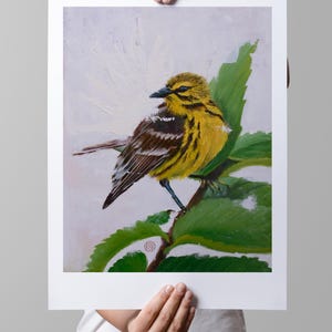 May include: An oil painting print of a yellow and brown bird perched on a green leafy branch. The bird has a black beak and is set against a light background. The artwork is held by a person.