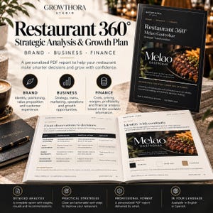 Puede incluir: Un informe Restaurant 360 Strategic Analysis & Growth Plan de Growthora Studio. El documento presenta una portada negra con una imagen de un filete y una página interior abierta que muestra una tabla titulada From observations to decisions.