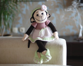 Monkey Girl in the pink dress PDF knitting pattern. Knitted in the round. Baby shower gift.  Nursery decoration
