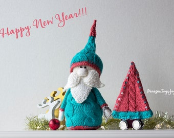 Glamorous Waldof Gnome with Christmas Tree. PDF knitting Pattern. Knitted Flat. Christmas and New Year Ornament. Cute Christmas pattern.