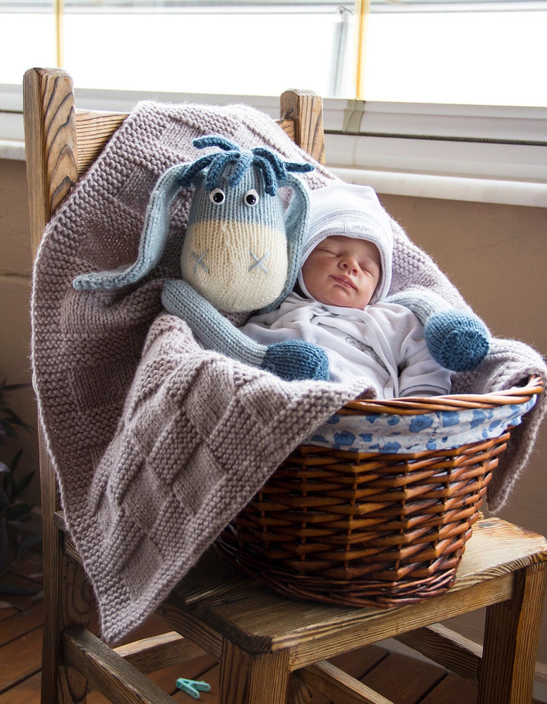 Donkey Toy Baby Blanket knitting pattern. Toy is knitted in Etsy