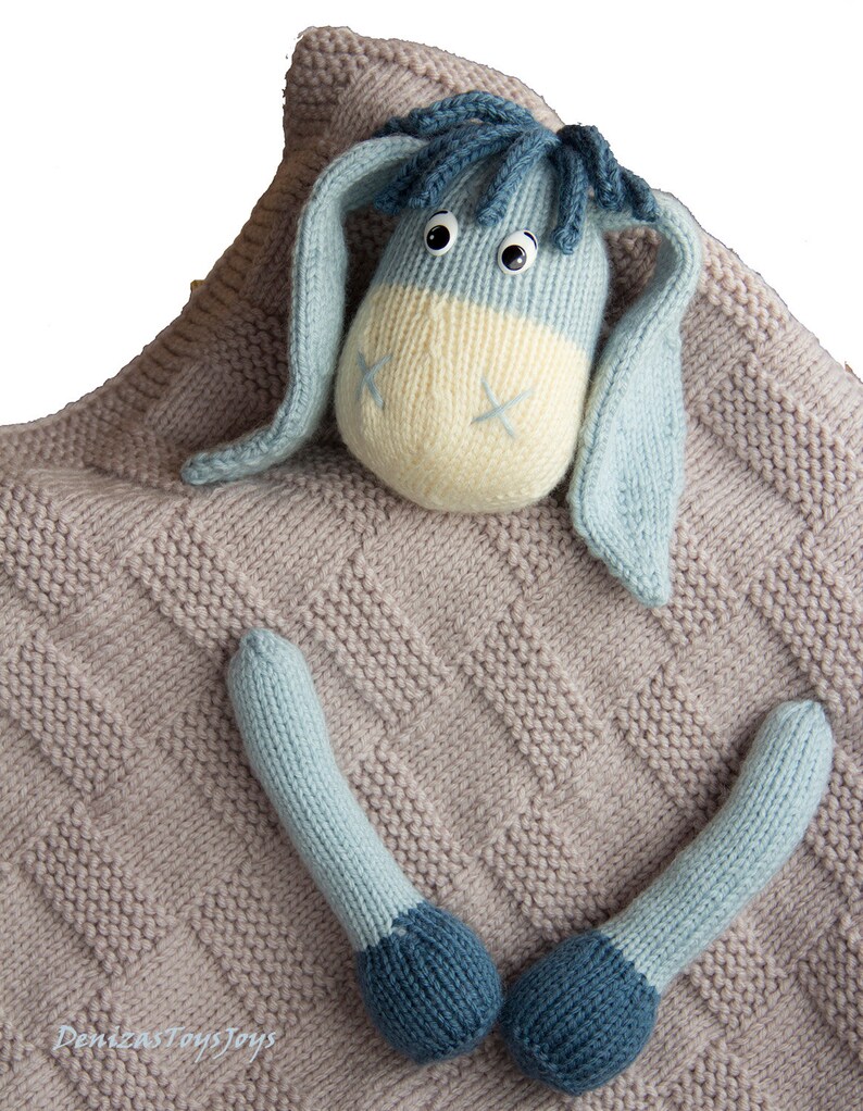 Donkey Toy Baby Blanket knitting pattern. Toy is knitted in Etsy