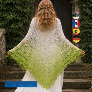 May include: A triangular crochet shawl featuring an ombre color gradient that transitions from white at the top to a vibrant lime green at the bottom edge. The shawl displays intricate lace stitch patterns and a decorative picot border.