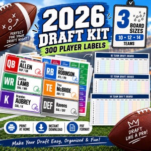 May include: A 2026 fantasy football draft kit featuring 300 player labels in various colors, three draft board templates for 10, 12, and 14 teams, and digital download icons. The kit includes labels for positions like QB, WR, K, RB, TE, and DEF.