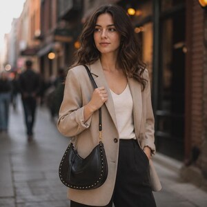Studded Rivet Faux Leather Hobo Bag, Crescent Shoulder Crossbody Purse