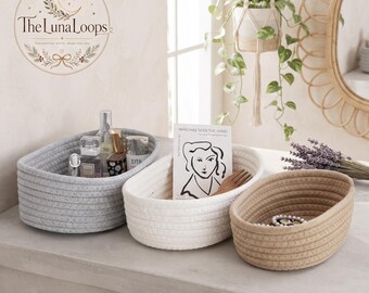 Ovales Aufbewahrungskorb-Set aus Baumwollseil, gewebter Organizer fürs Kinderzimmer, Ablage fürs Badezimmer, ästhetische Boho-Deko-Aufbewahrung
