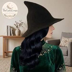 Stickad häxhatt för kvinnor, modern gotisk spetsig hinkmössa, kuslig Cottagecore cosplay-tillbehör, Halloween-kostym, häxig estetisk gåva