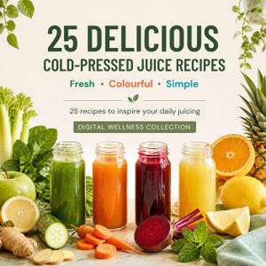 May include: A digital guide titled 25 Delicious Cold-Pressed Juice Recipes featuring the text Fresh, Colourful, Simple and Digital Wellness Collection. Four glass bottles filled with green, orange, red, and yellow juice sit among fresh produce.