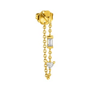 May include: A gold chain earring featuring a stud back, a vertical baguette-cut clear stone, and a triangular-cut clear stone at the base. The delicate gold chain loops from the stud, connecting the two stones in a dangling, layered design.